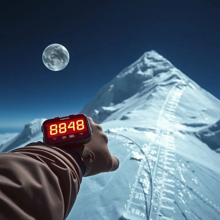Climber's altimeter showing 8848m on Everest summit, with GPS marker and ice elevation scale.