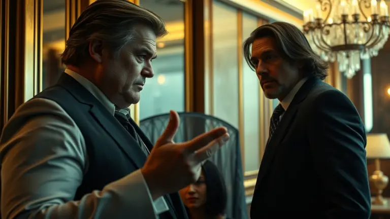 Two men in a VIP lounge, one sneering and gesturing dismissively, the other standing calmly, with a blurred opulent background.