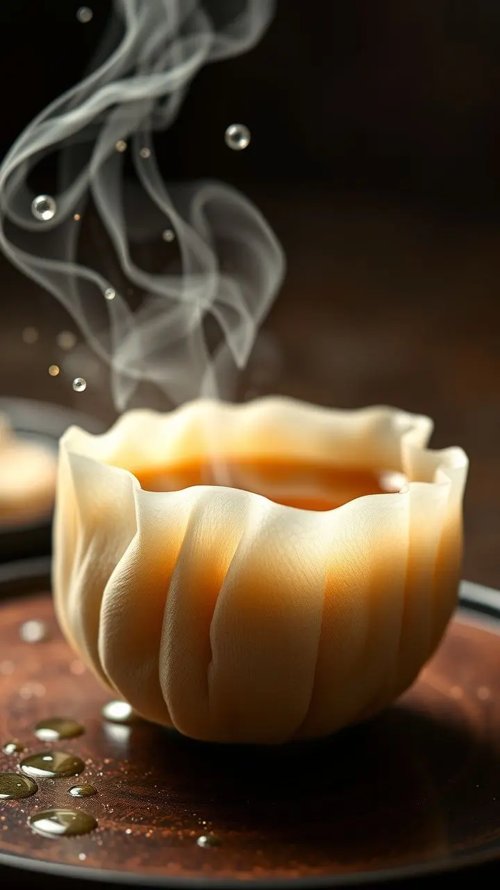 Close-up of a pleated xiaolongbao bursting with steam and broth, in an ornate Art Nouveau style.