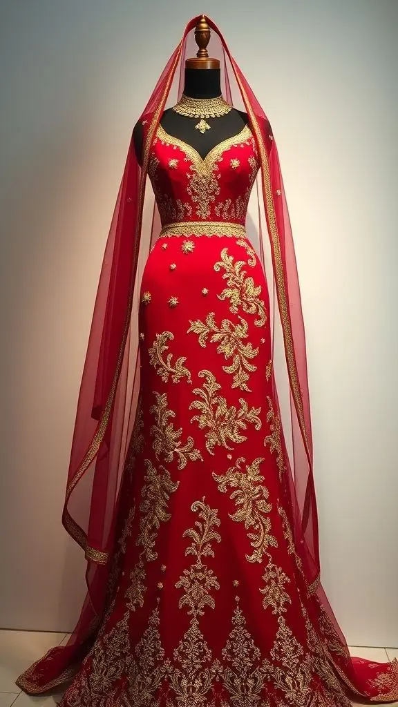 Red bridal dress with gold decoration on black mannequin