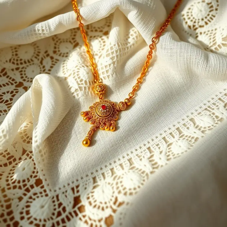 Close-up of a gold Kundan necklace on lace.