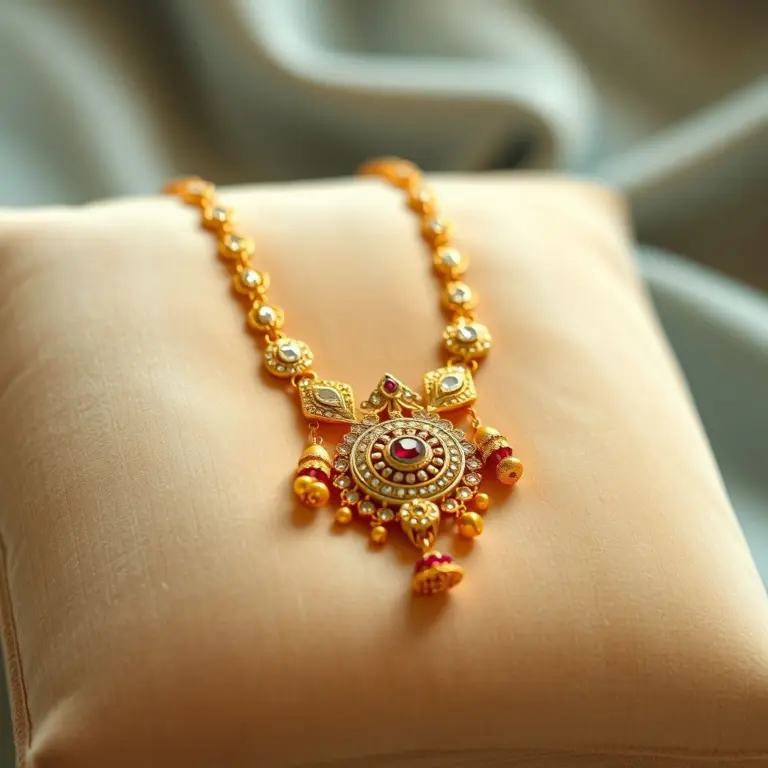 Close-up of a gold Kundan necklace on velvet.