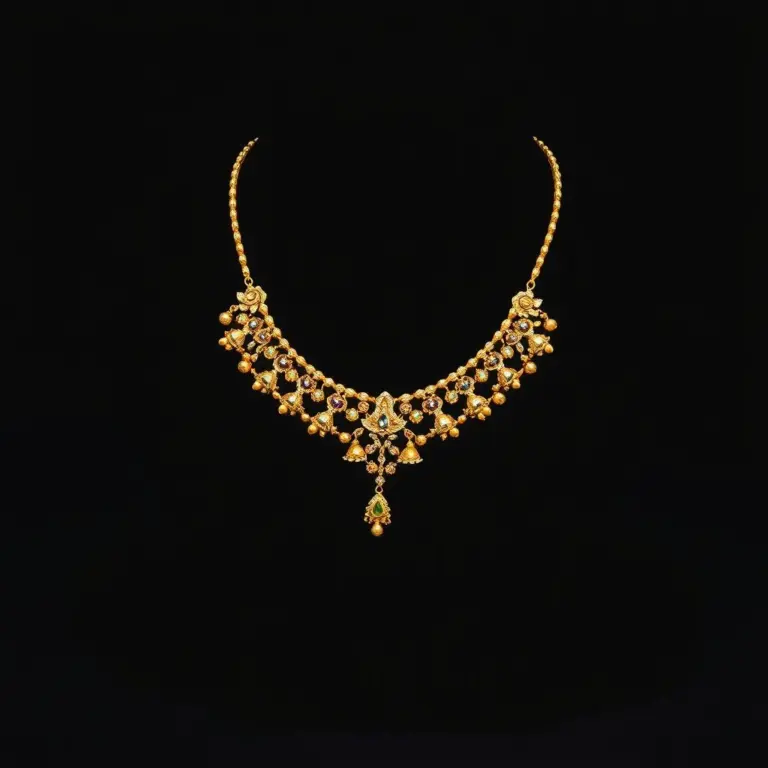 Close-up of a premium Kundan gold necklace on black velvet.