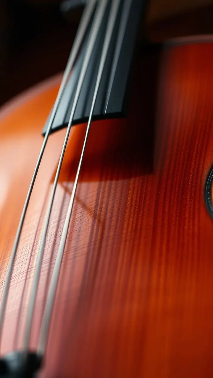 Close-up of a violin's body emphasizing wood grain and craftsmanship.