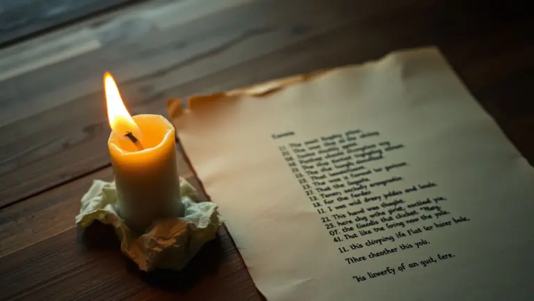 A candle burning out next to an unfinished poem.