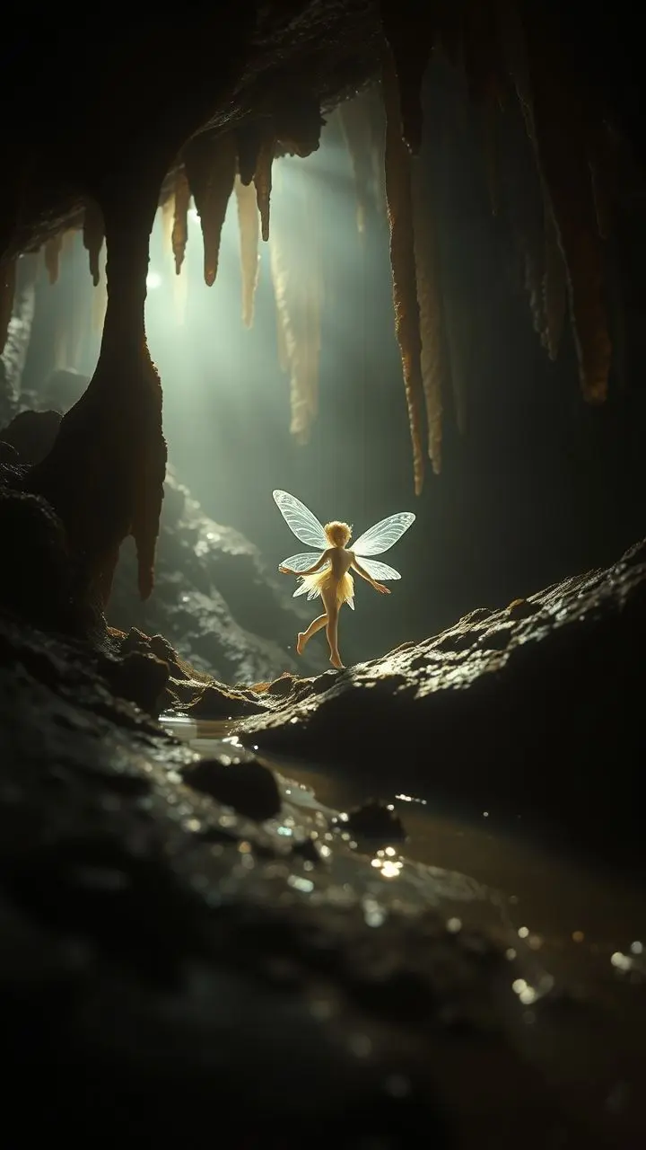 A glowing fairy in a cave.