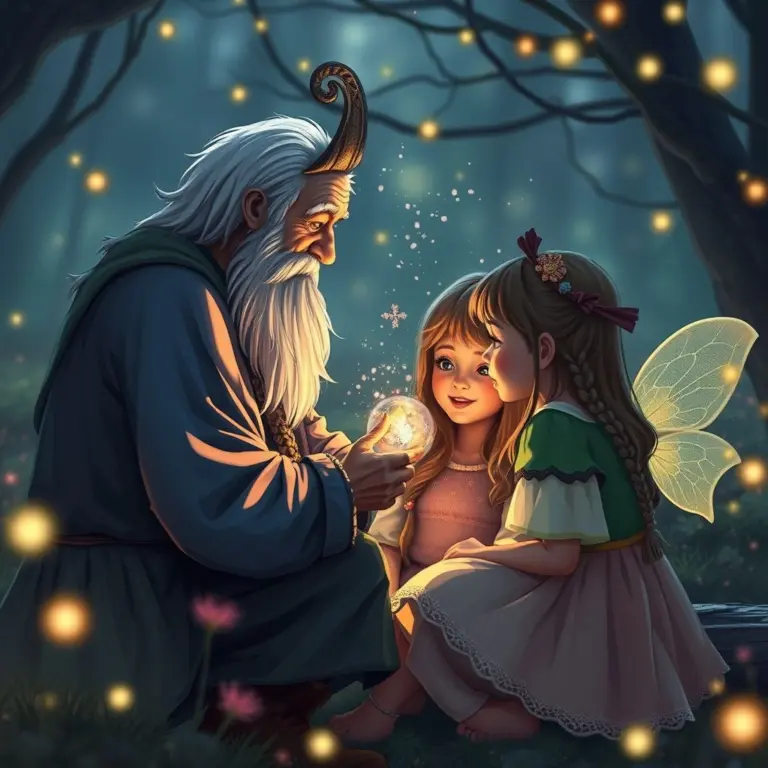 Children listening to a fairy in a magical forest.