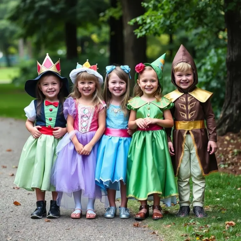 Children in diverse fairytale costumes smiling and laughing.