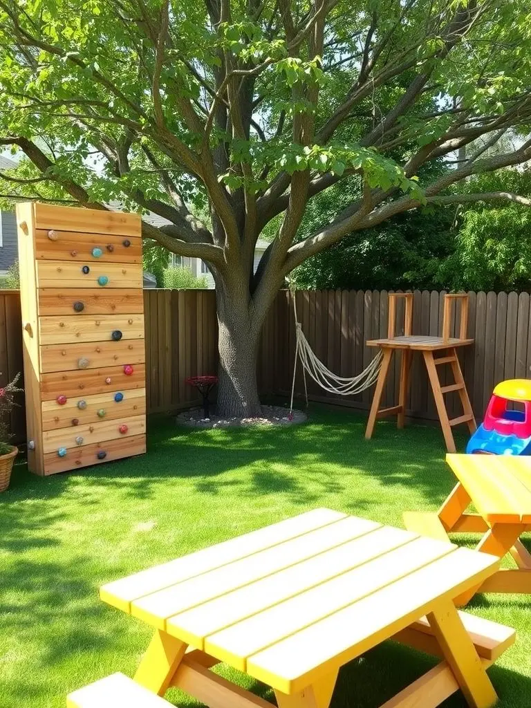Backyard with climbing wall, treehouse, rope bridge, sandbox, and picnic table.