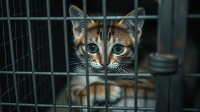 A scared cat in a cage.