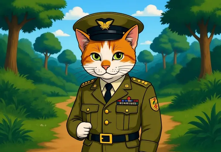 Cartoon cat in Marine uniform in jungle.