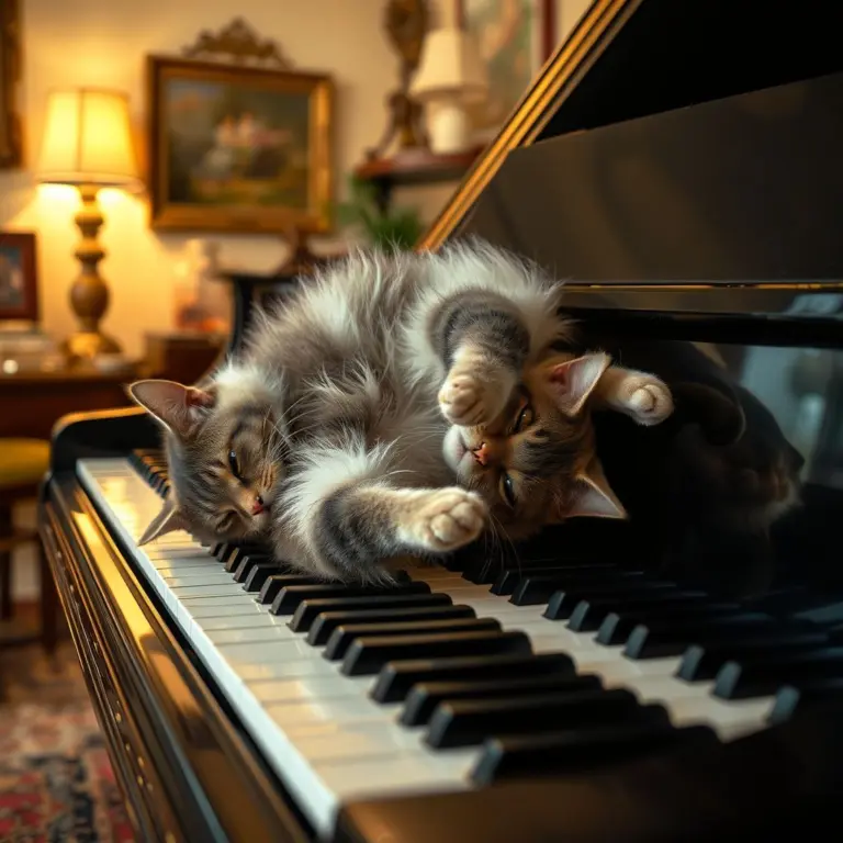 A cat falling onto piano keys