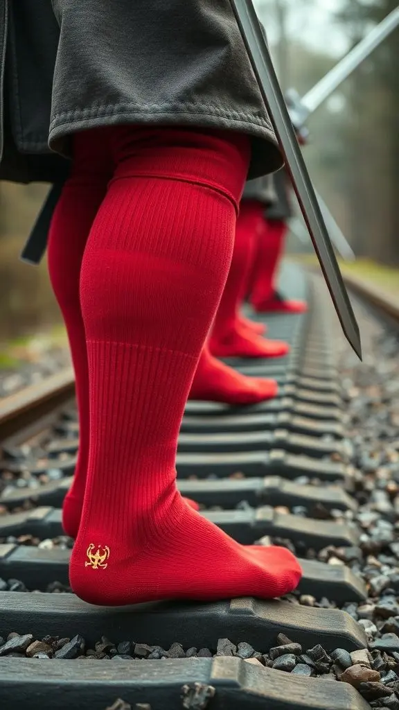 Red fencing socks with golden gear and crest logo.