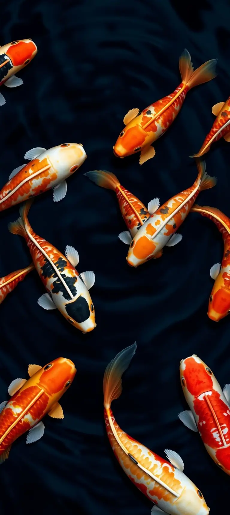 Nine koi fish in a dark blue pond.
