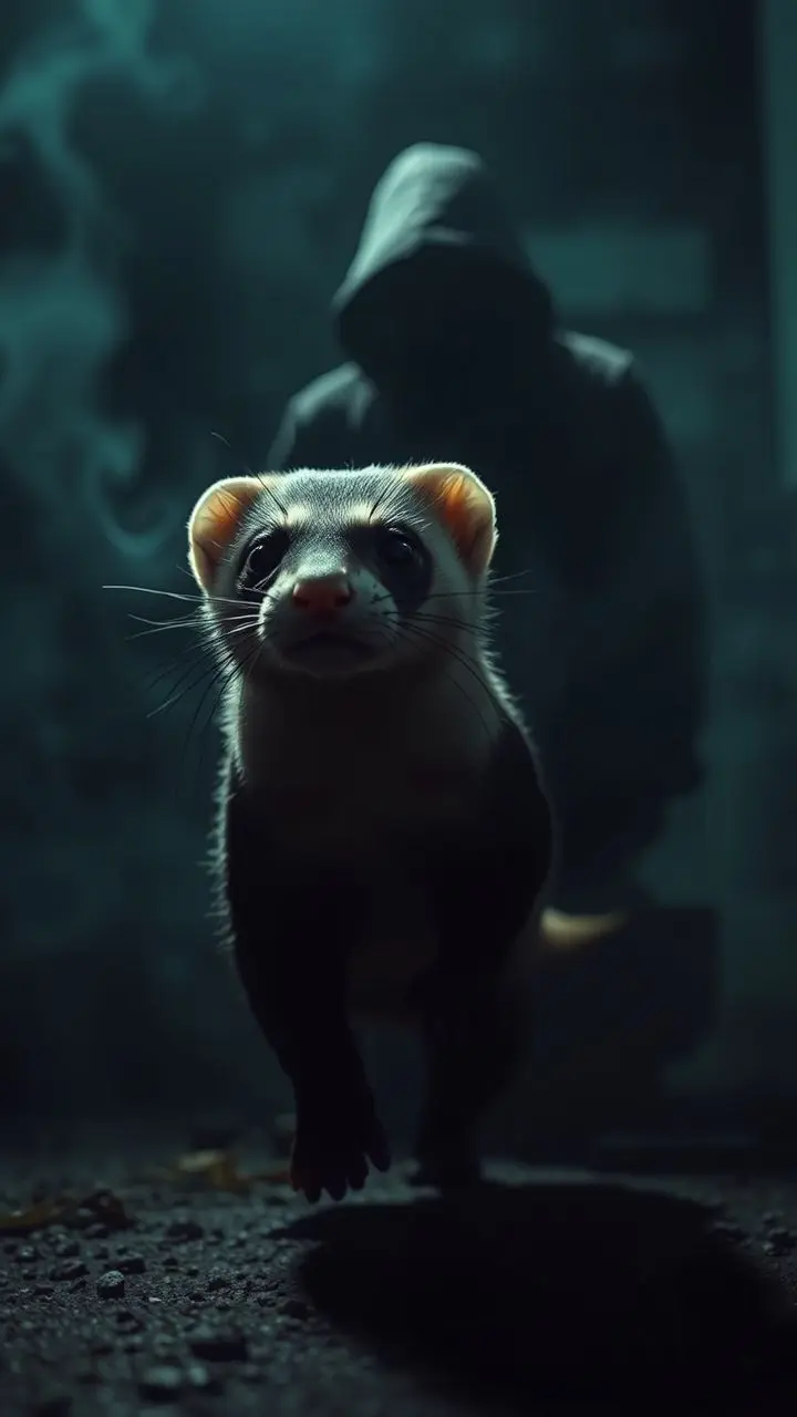 A ferret explores a foggy, dimly lit scene in film noir style.