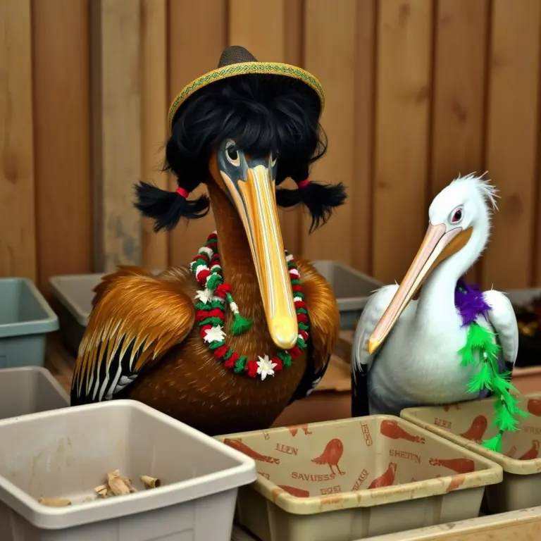 Two pelicans, one brown and one white, decorated with garlands in a stall with messy boxes.