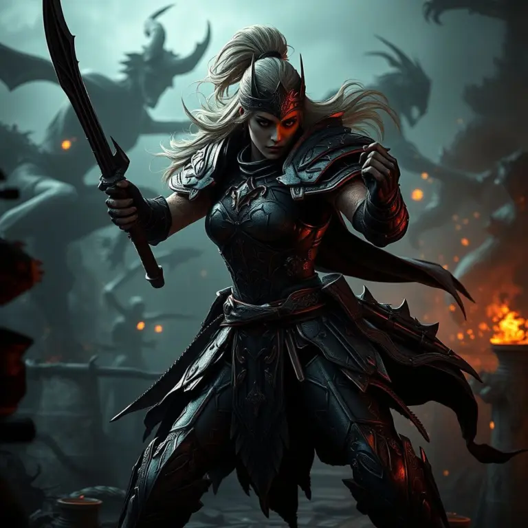 Female warrior in detailed armor fighting on a chaotic battlefield.