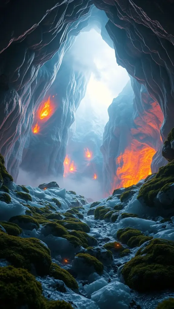 An icy cave with fire and mist