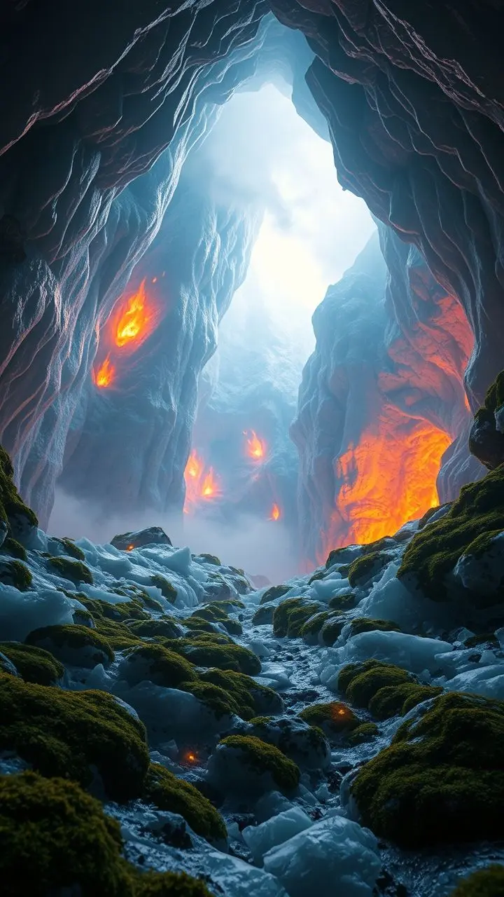 An icy cave with fire and mist