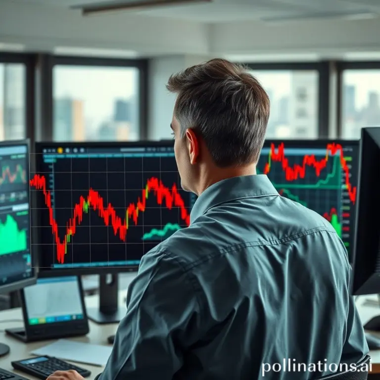 Line graph showing Fear and Greed Index falling, with a worried investor looking at a computer screen.