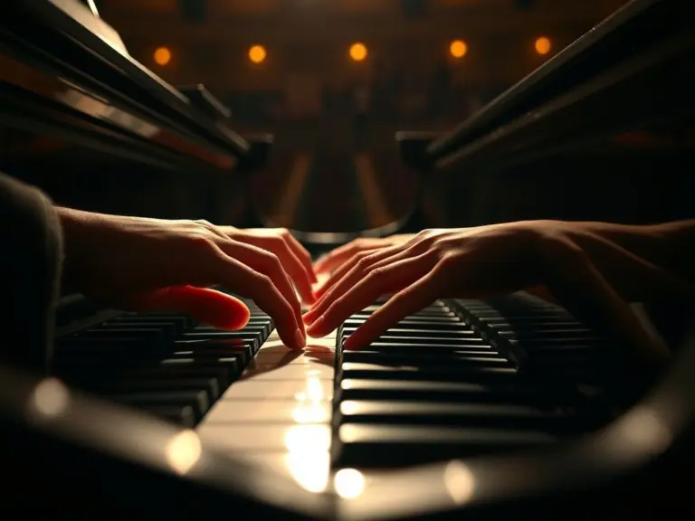 Close-up of fingers playing piano keys.