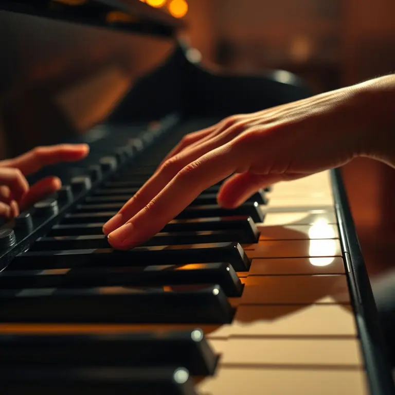 Close-up of fingers pressing piano keys.