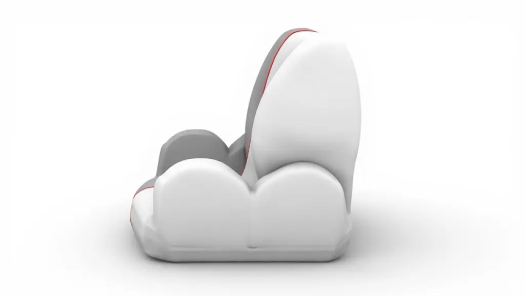 Side view of a fluffy, cloud-shaped baby car seat.