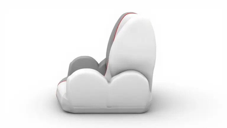 Side view of a fluffy, cloud-shaped baby car seat.