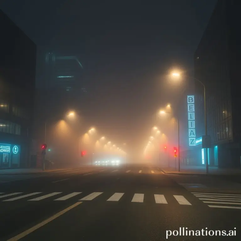 Foggy street at night in a modern city.