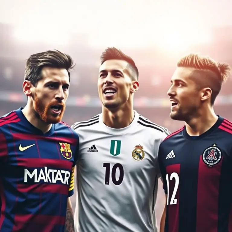 Messi, Ronaldo, and Neymar standing side by side.