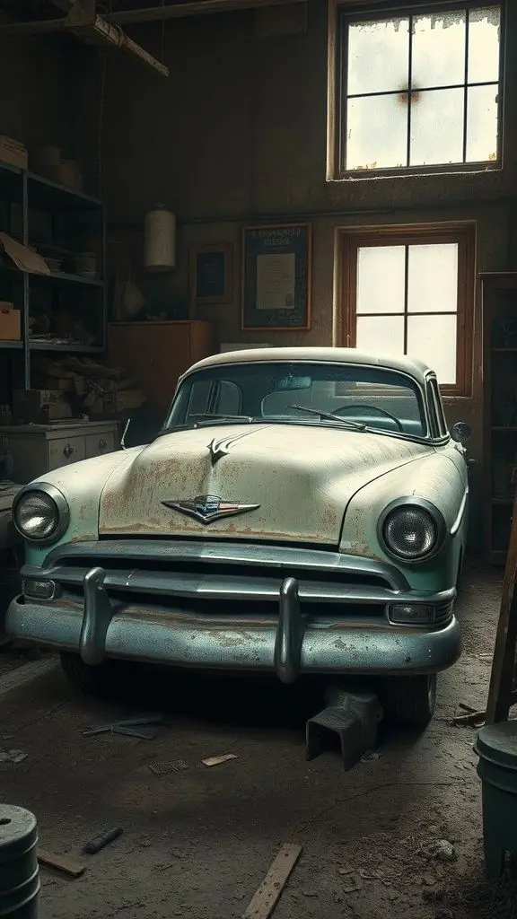 Rusted 1950s car in dusty garage.