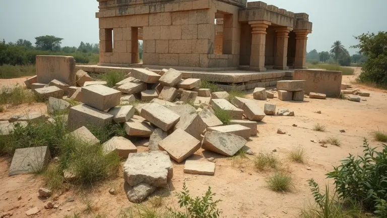 Dilapidated ancient temple ruins with sandstone blocks and overgrown weeds.