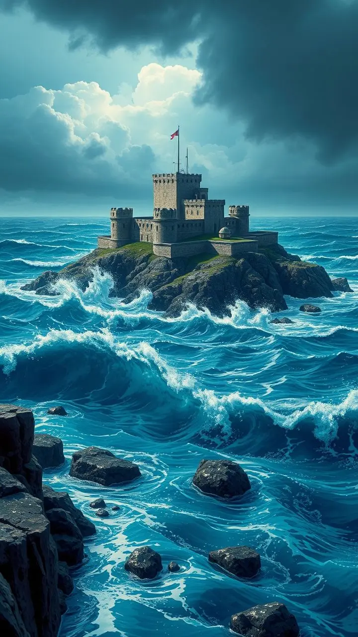 Krak des Chevaliers as a futuristic fortress on a stormy coast with pixel art and hyper-realistic details.