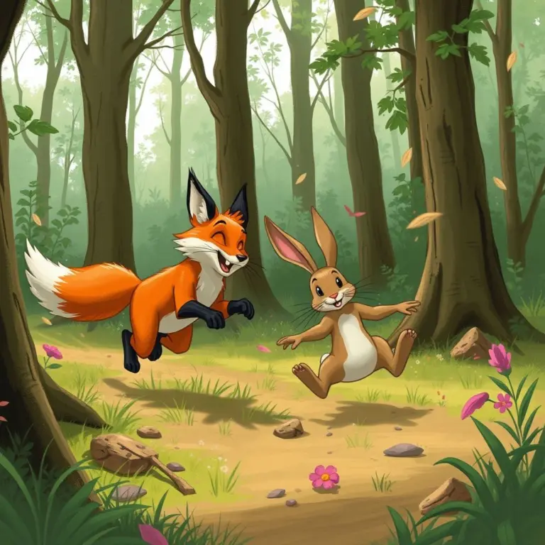 Fox and rabbit chasing each other in a forest.