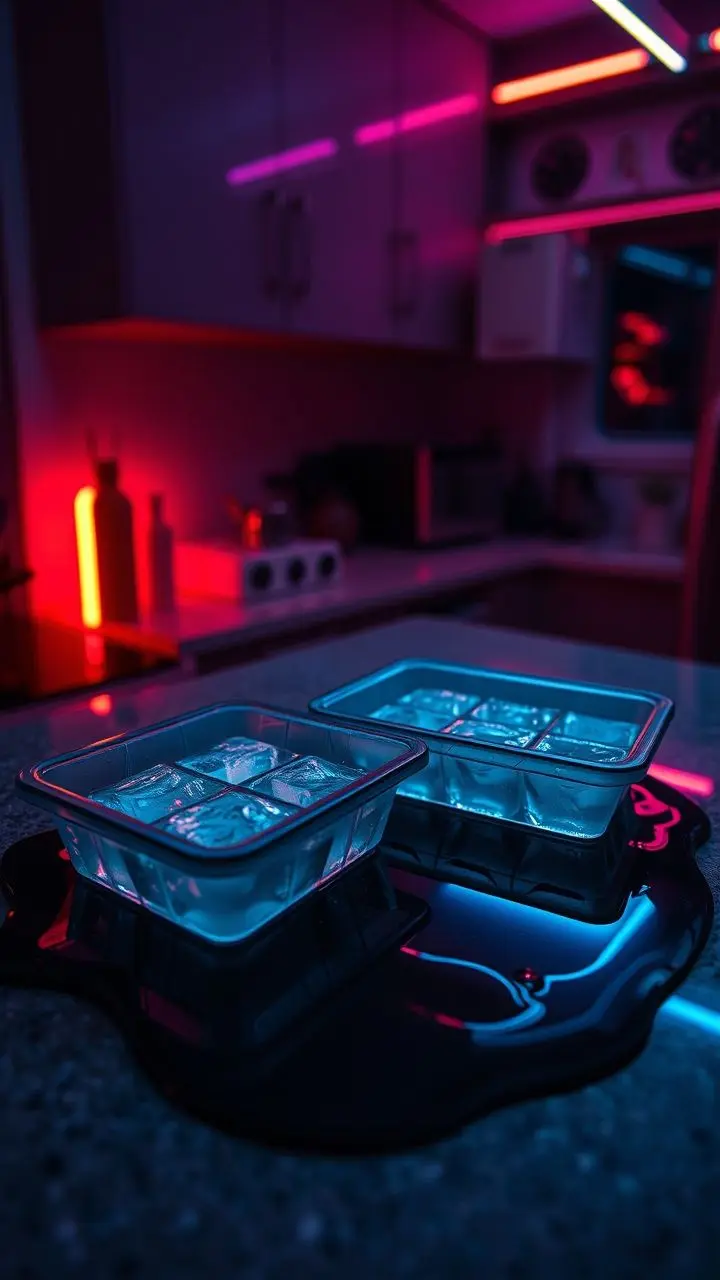 Cracked ice cube trays on a countertop with neon lighting.