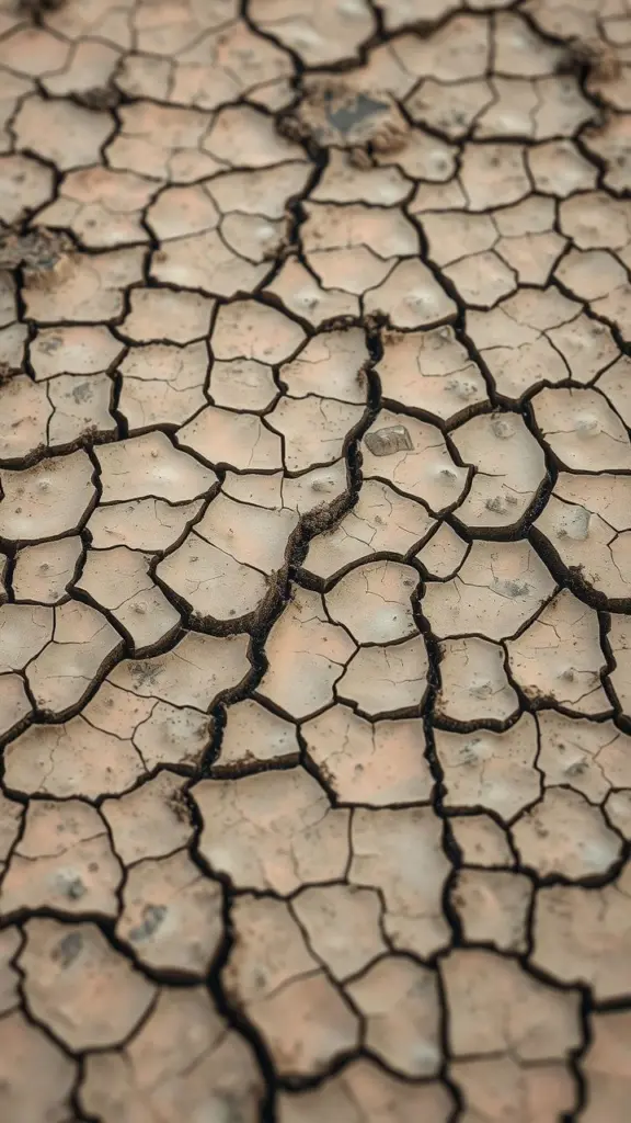 Cracked mud surface with pastel colors and water reflections.
