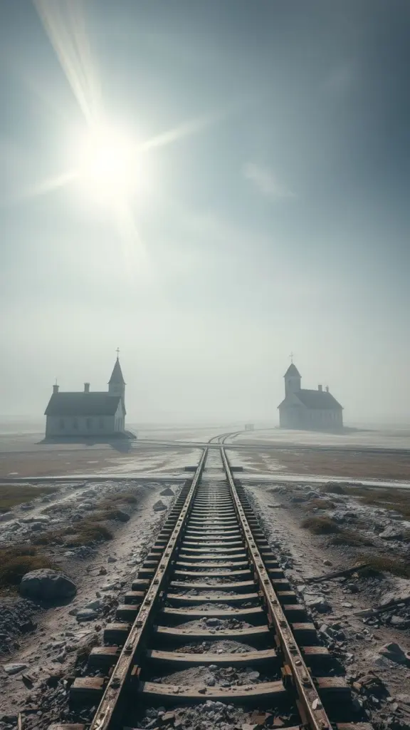 Fragmented Greenland landscape with melting ice, old churches, and schools under hazy light.