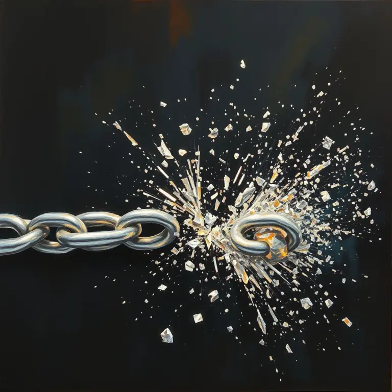 Impressionist painting of a silver chain breaking into glowing dust.