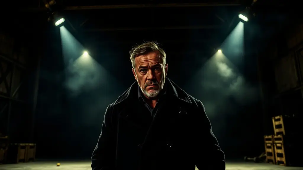 A middle-aged man in a dark overcoat stands in a dark warehouse, illuminated by harsh police spotlights, with dust particles visible in the air.