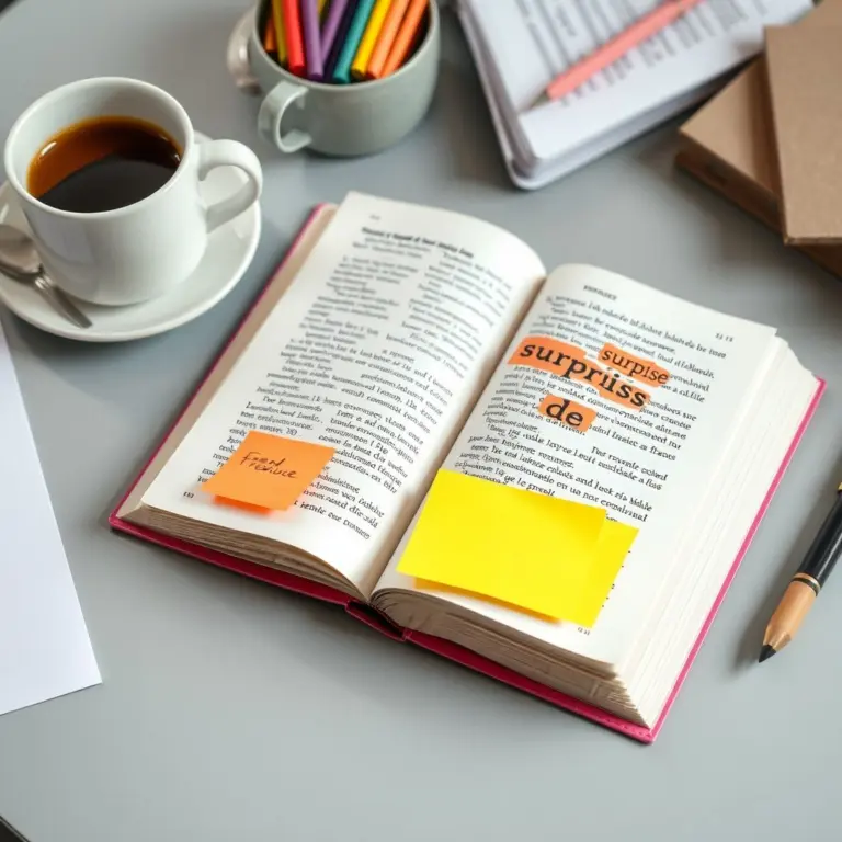 Desk with French textbook, sticky notes, and coffee.