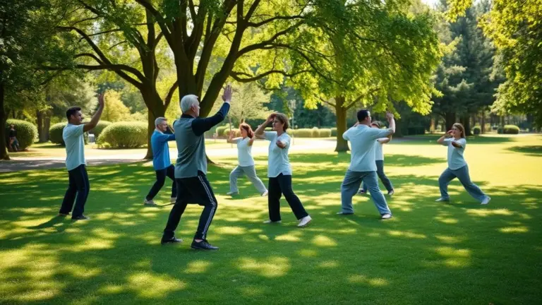 French people practicing Qi Gong in a park on a sunny day.
