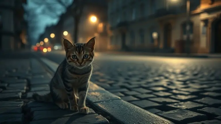 A scared cat on a street corner at dusk.