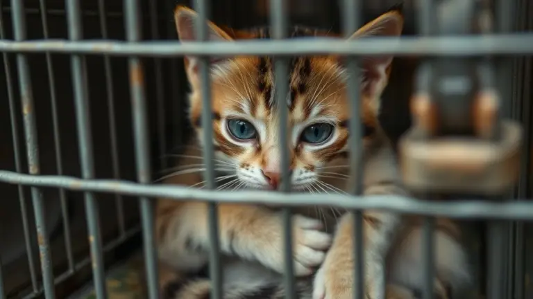 Cat in a cage looking scared.