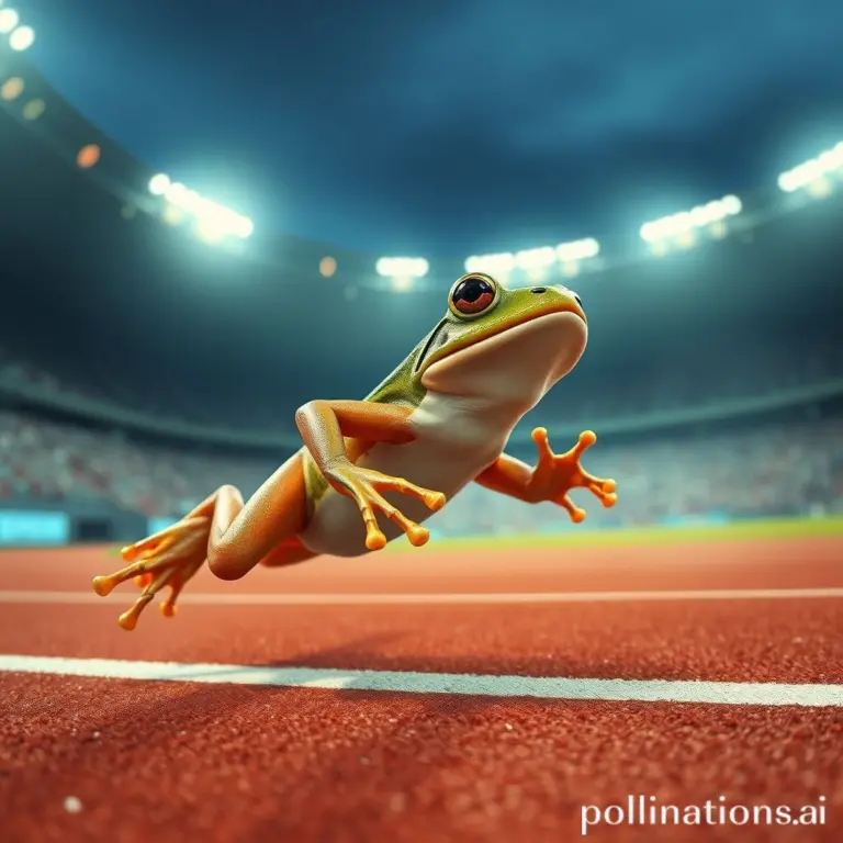 Photorealistic image of a frog running a track race in an Olympic stadium with dramatic lighting.