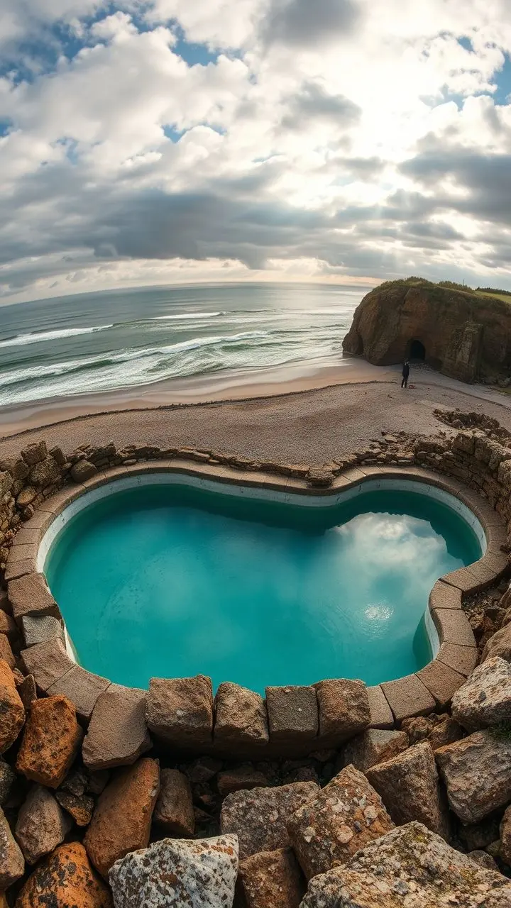Beach at dawn with a lone figure and corroded pools.