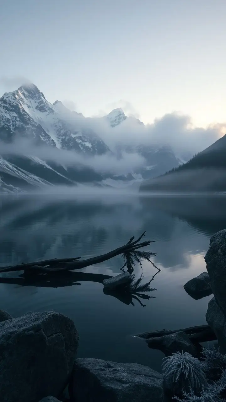 Misty mountain peaks at dawn with neon noir lighting and lake reflections.