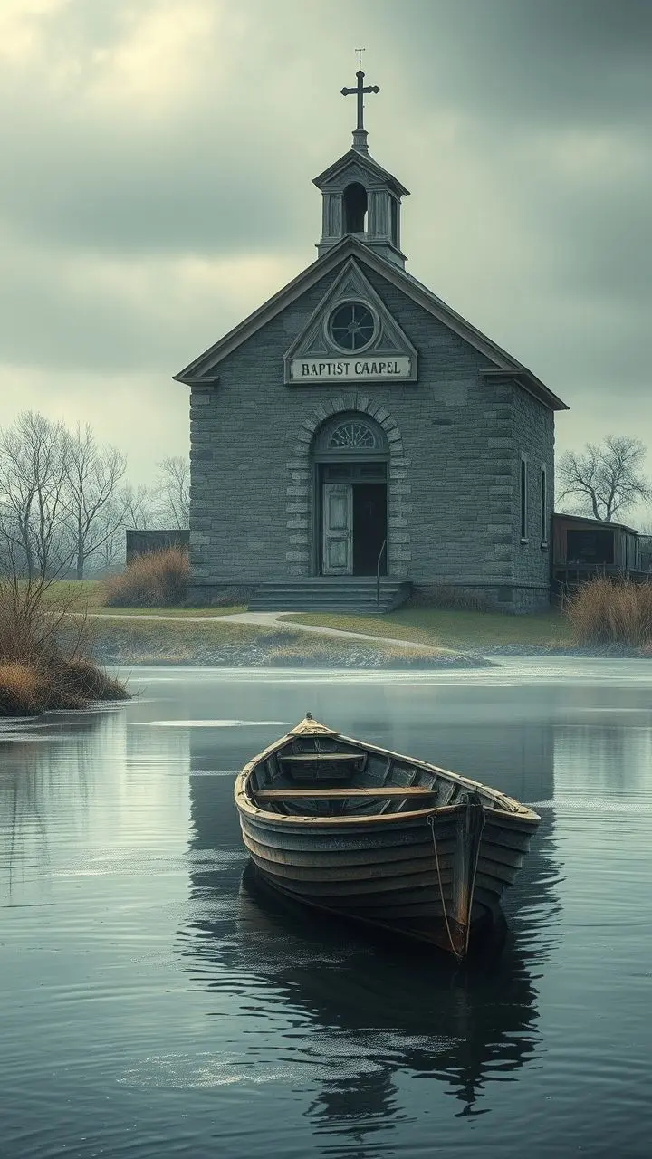 Weathered boat on a river near an old chapel with frost.