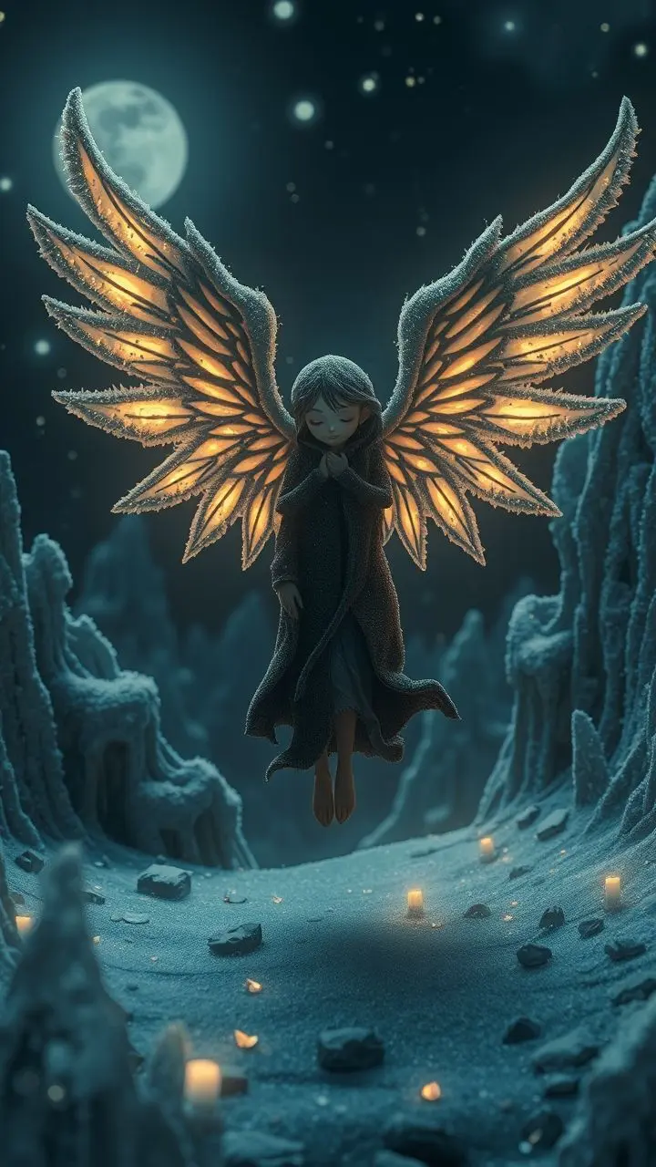 Black frosted angel with glowing wings in a dark fantasy landscape.