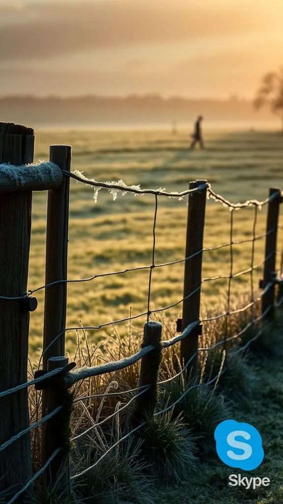 Rustic wooden fence and green pasture covered in frost at dawn, with Skype logo, mist, and an apprentice figure.