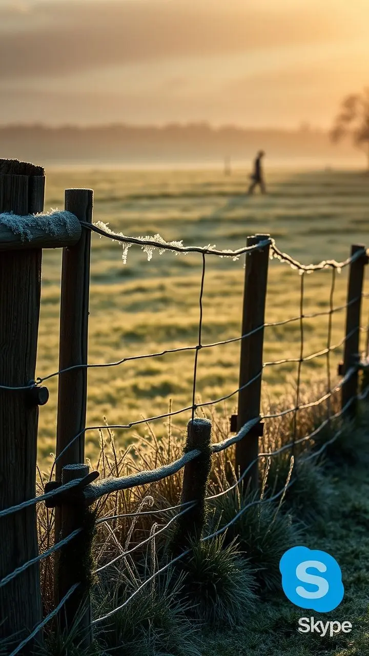Rustic wooden fence and green pasture covered in frost at dawn, with Skype logo, mist, and an apprentice figure.